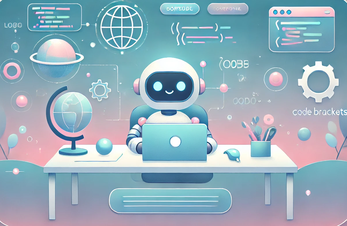 Robot coding on a laptop with code themed symbols around